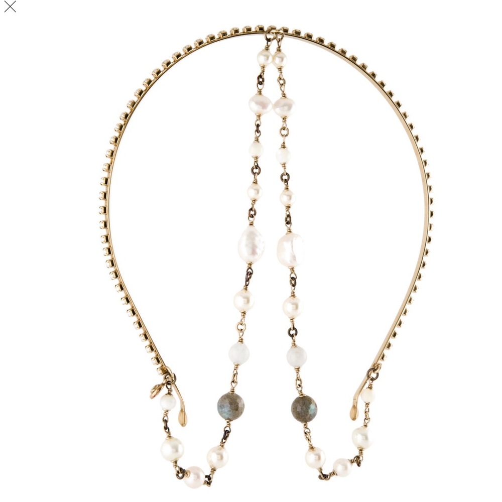 ❌SOLD EBAY❌Chanel Paris Dubai 2015 Resort Runway c Hanging Pearls Gold Headband